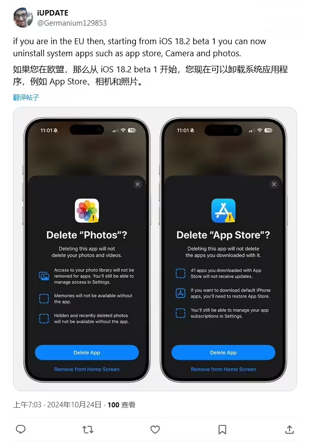 湖北苹果手机维修分享iOS 18.2 支持删除 App Store 应用商店 